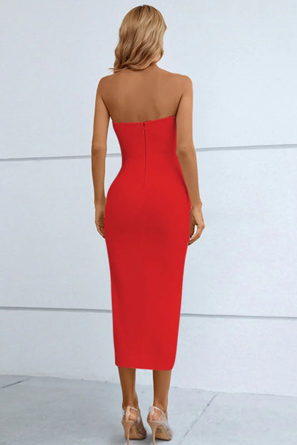 Cutout Strapless Drawstring Detail Split Bandage Dress - VILLA FASHION