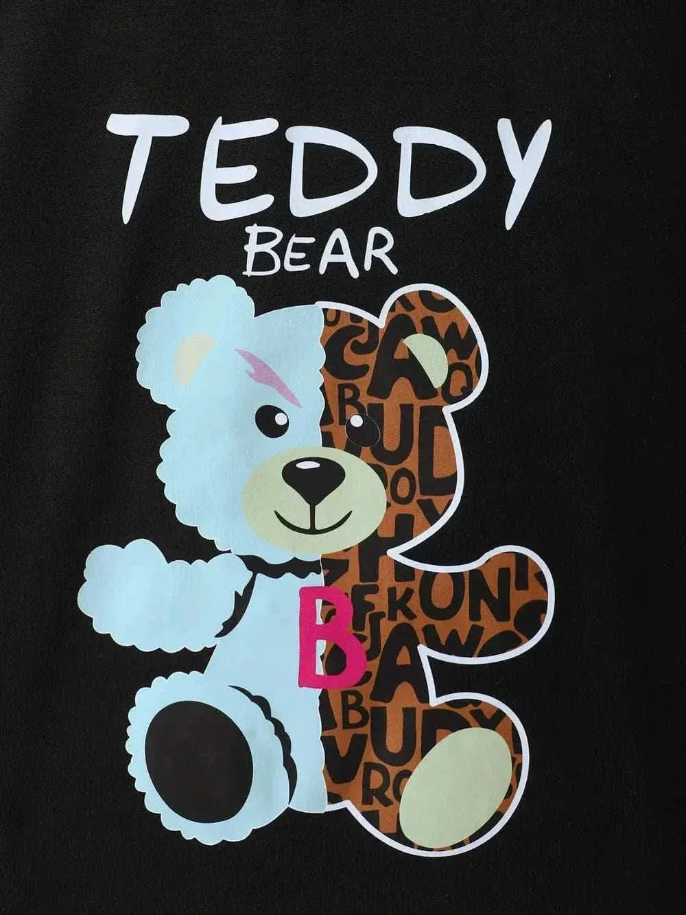 Children's black round neck top featuring a blue and brown teddy bear graphic with "Teddy Bear" text