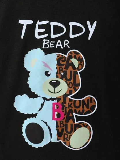 Children's black round neck top featuring a blue and brown teddy bear graphic with "Teddy Bear" text