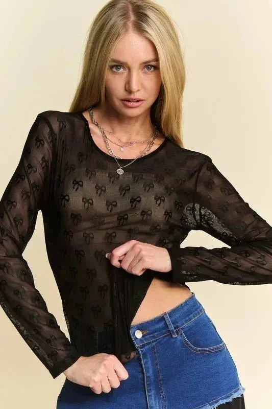Davi & Dani Bow Mesh Round Neck Long Sleeve Top - VILLA FASHION