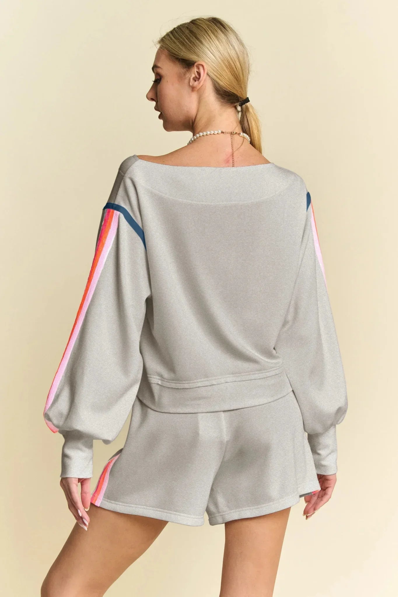 Davi & Dani Sequin Stripe Long Sleeve Top And Short Pants Set - VILLA FASHION