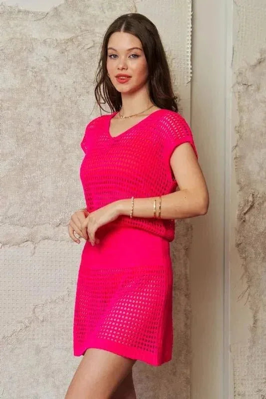 Davi & Dani Sleeveless V Neck Mesh Knit Cover Up Dress - VILLA FASHION