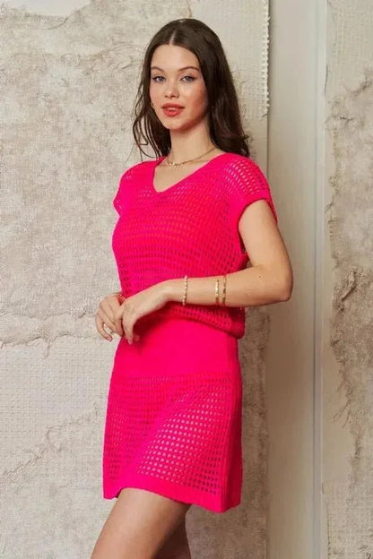 Davi & Dani Sleeveless V Neck Mesh Knit Cover Up Dress - VILLA FASHION