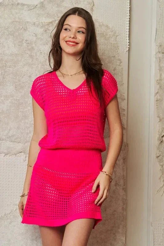 Davi & Dani Sleeveless V Neck Mesh Knit Cover Up Dress - VILLA FASHION