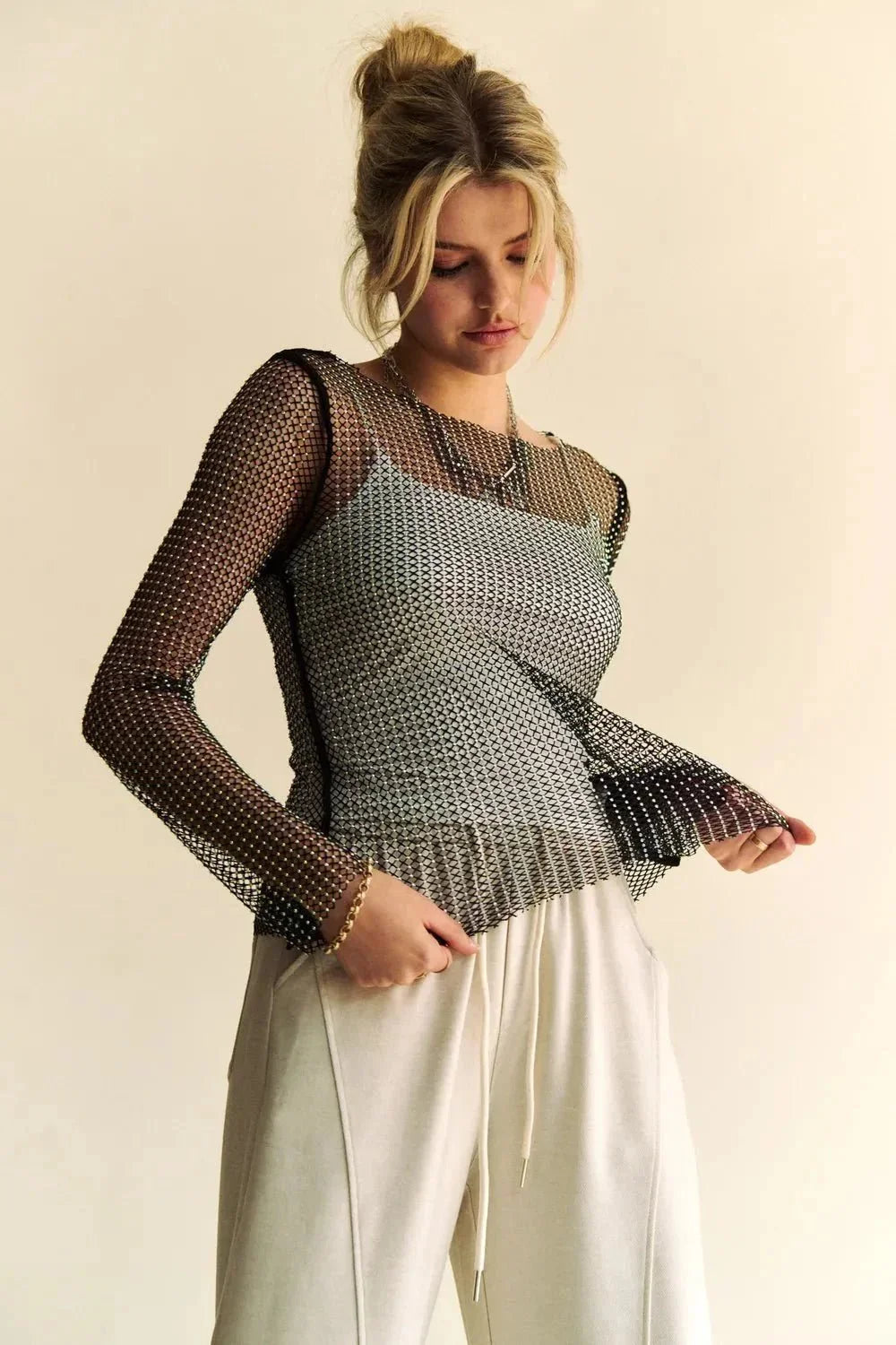 Davi & Dani Sparkling Rhinestone Sheer Mesh Round Neck Top - VILLA FASHION