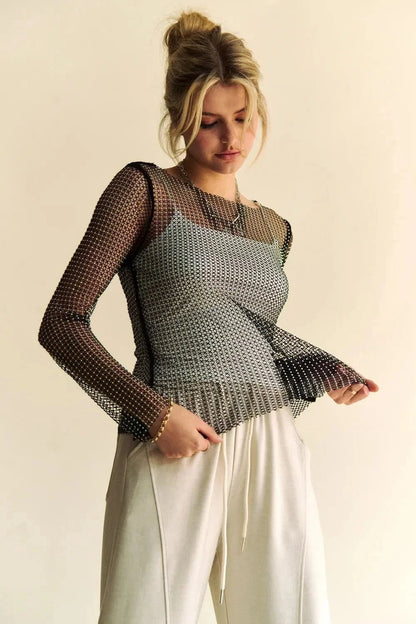 Davi & Dani Sparkling Rhinestone Sheer Mesh Round Neck Top - VILLA FASHION