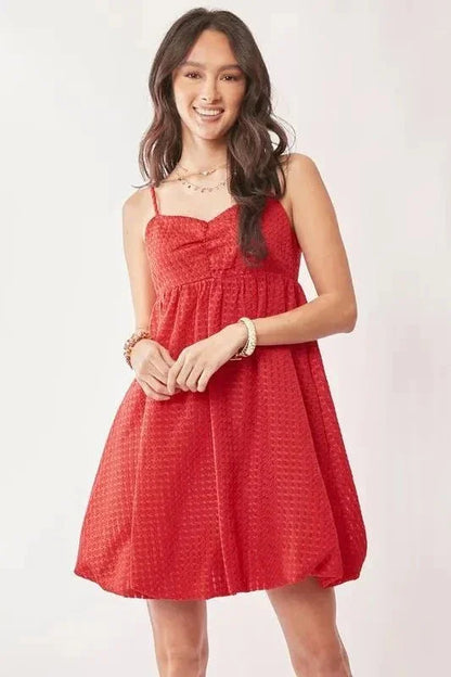 Davi & Dani Textured Sweetheart Neckline Bubble Hem Dress - VILLA FASHION