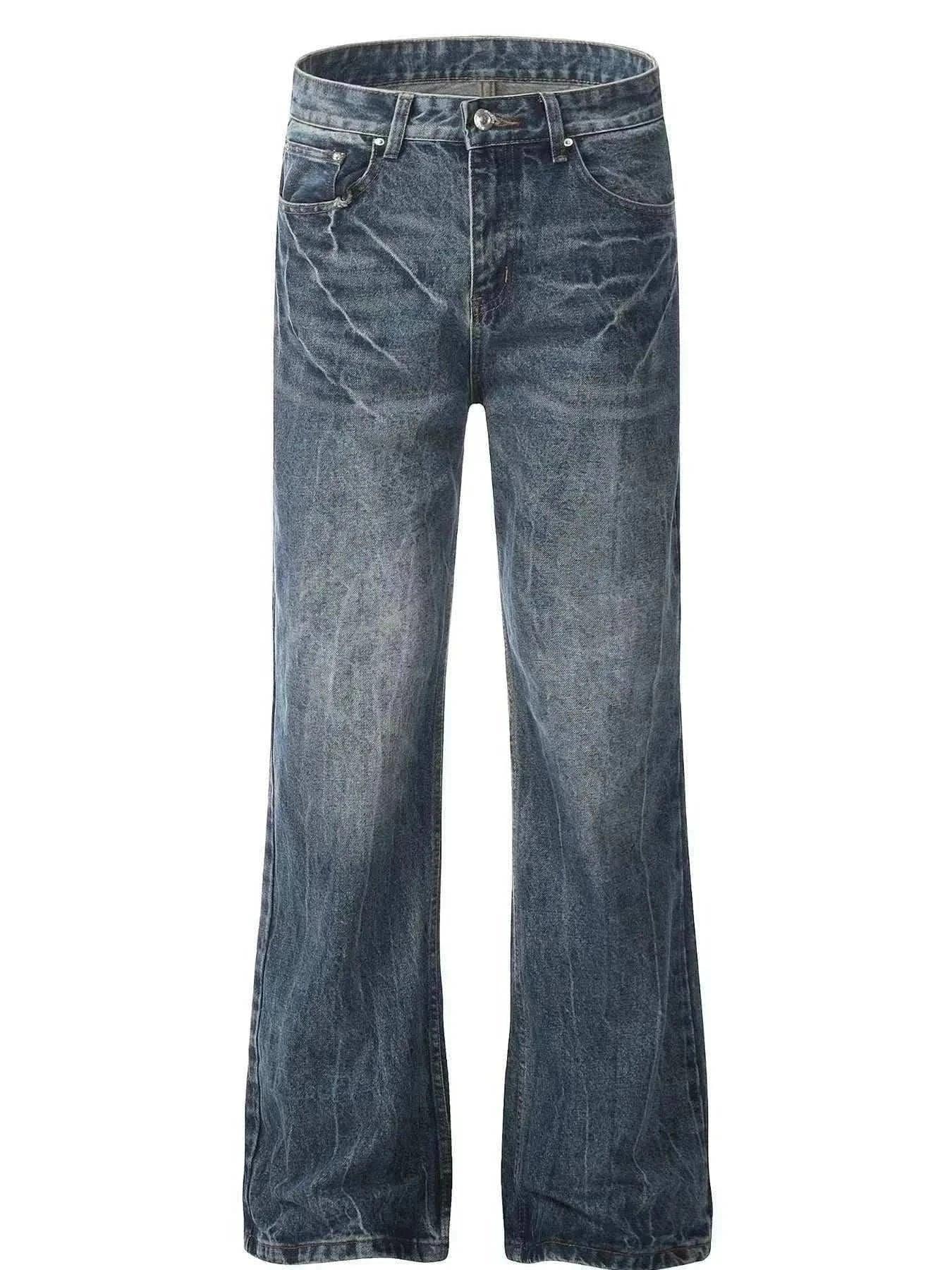 Men's wide leg jeans in washed dark denim with slight stretch and cat's whisker detailing