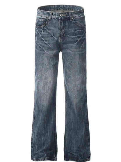 Men's wide leg jeans in washed dark denim with slight stretch and cat's whisker detailing