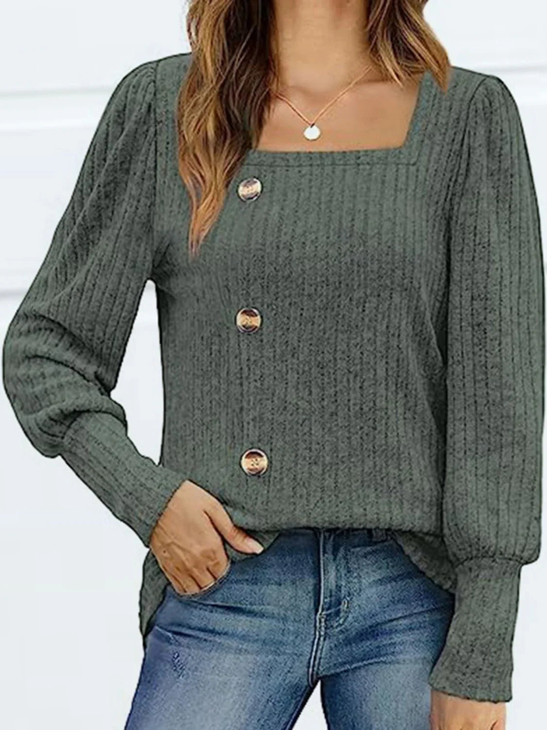 Decorative Button Square Neck Top - VILLA FASHION