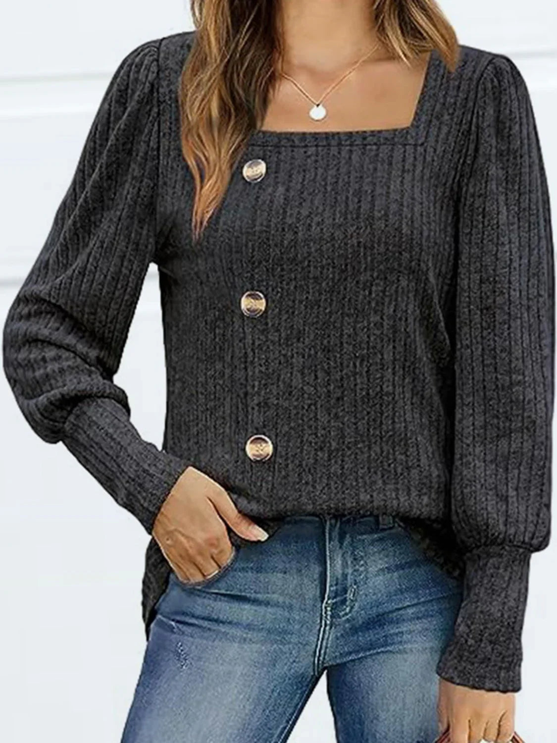 Decorative Button Square Neck Top - VILLA FASHION