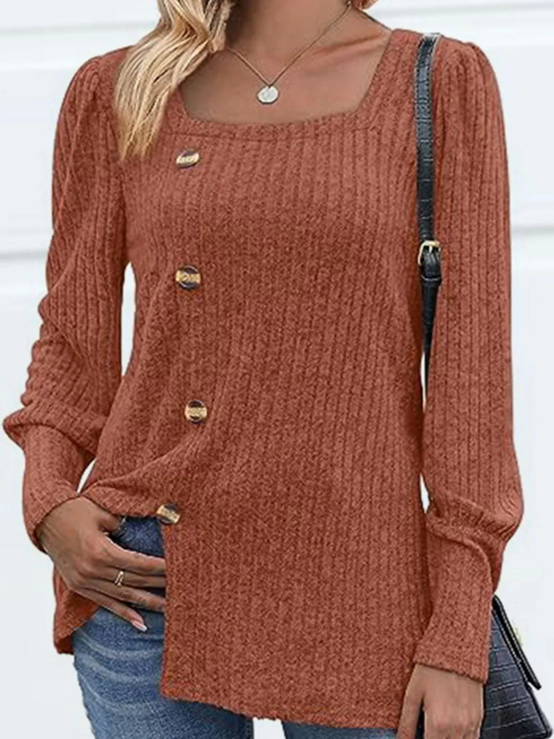 Decorative Button Square Neck Top - VILLA FASHION