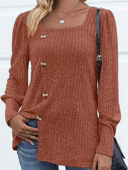 Decorative Button Square Neck Top - VILLA FASHION