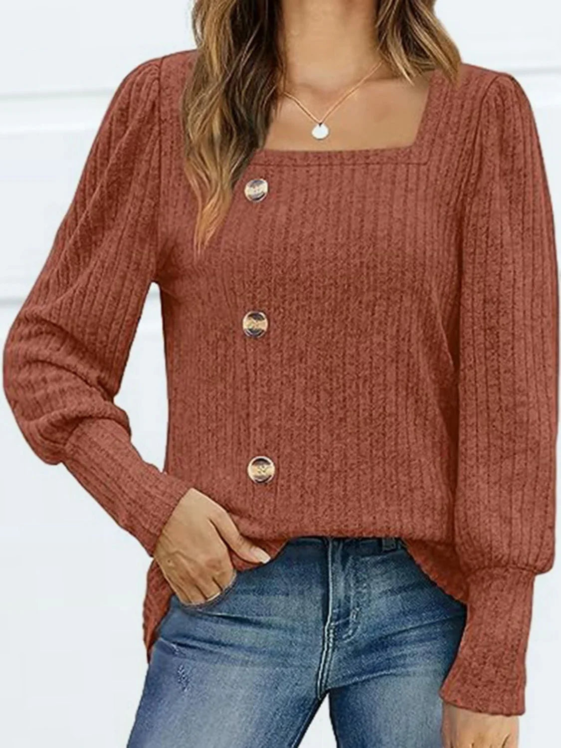Decorative Button Square Neck Top - VILLA FASHION