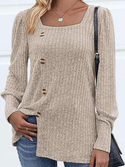 Decorative Button Square Neck Top - VILLA FASHION