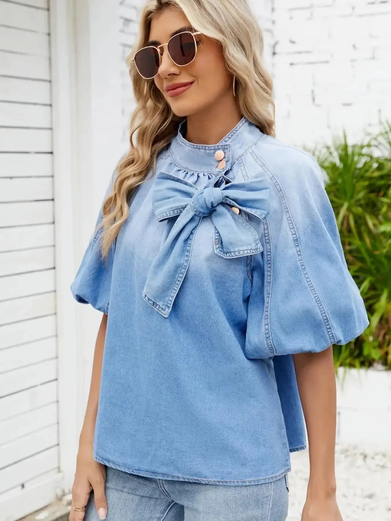 Denim Bow Tie Puff Sleeve Top - VILLA FASHION