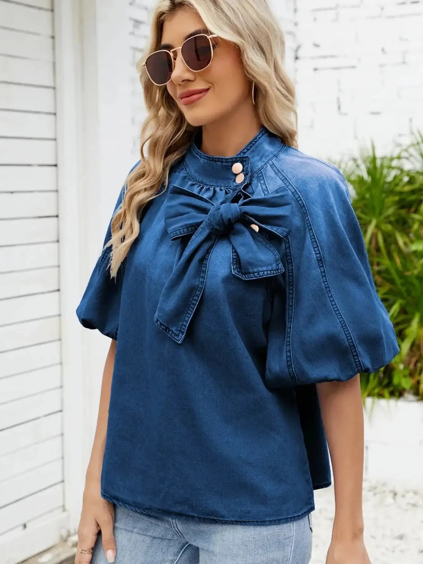 Denim Bow Tie Puff Sleeve Top - VILLA FASHION