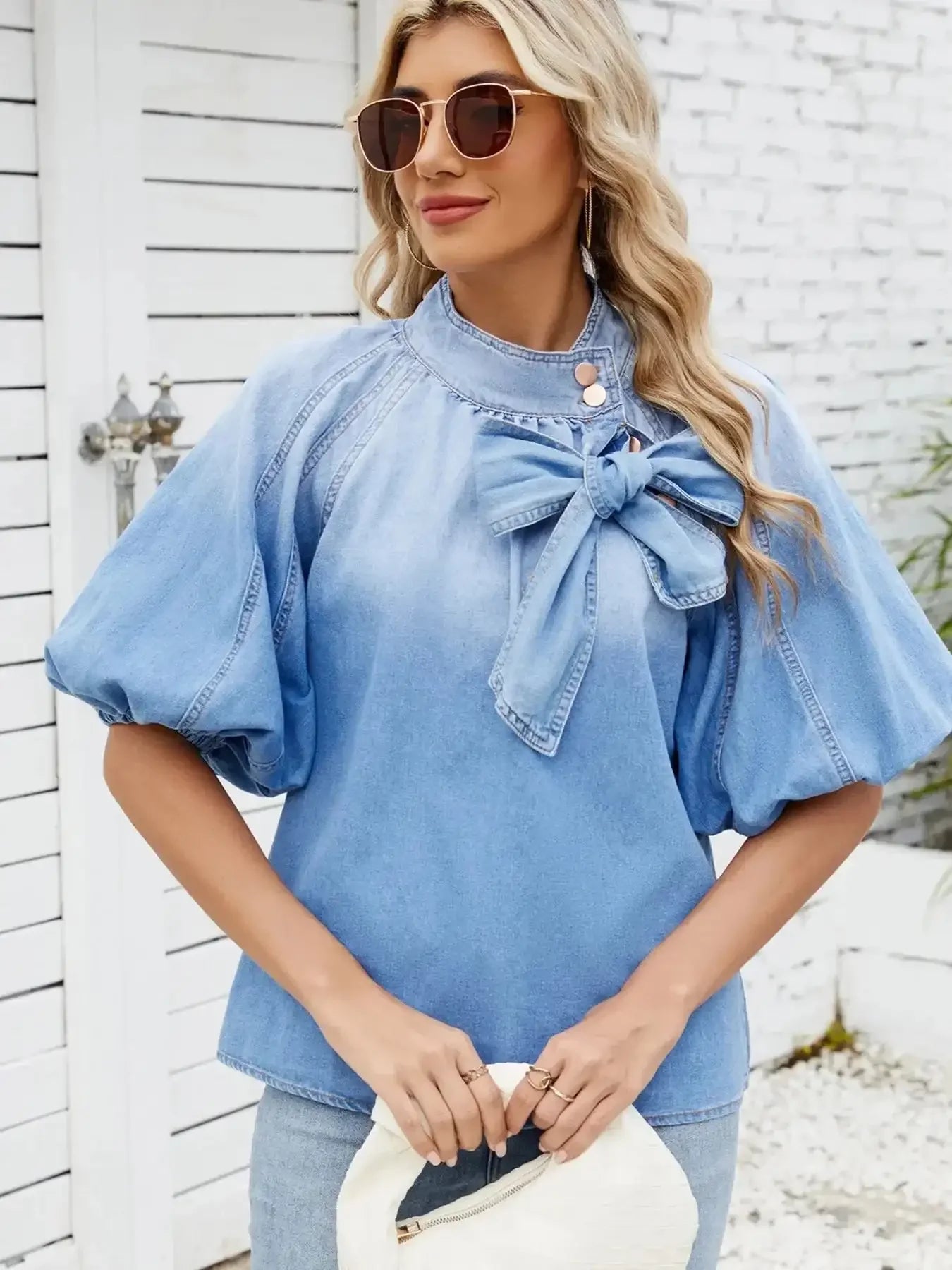 Denim Bow Tie Puff Sleeve Top - VILLA FASHION