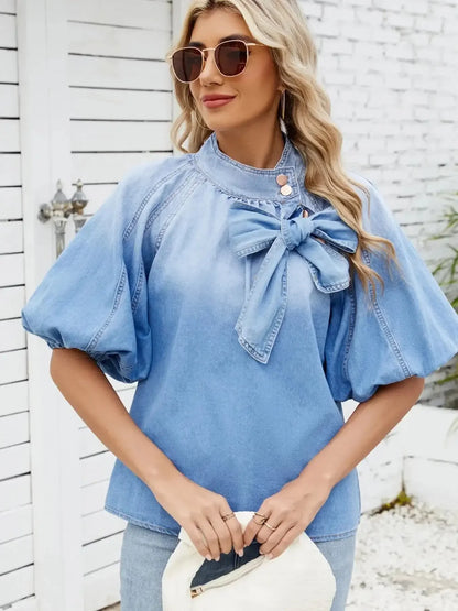 Denim Bow Tie Puff Sleeve Top - VILLA FASHION