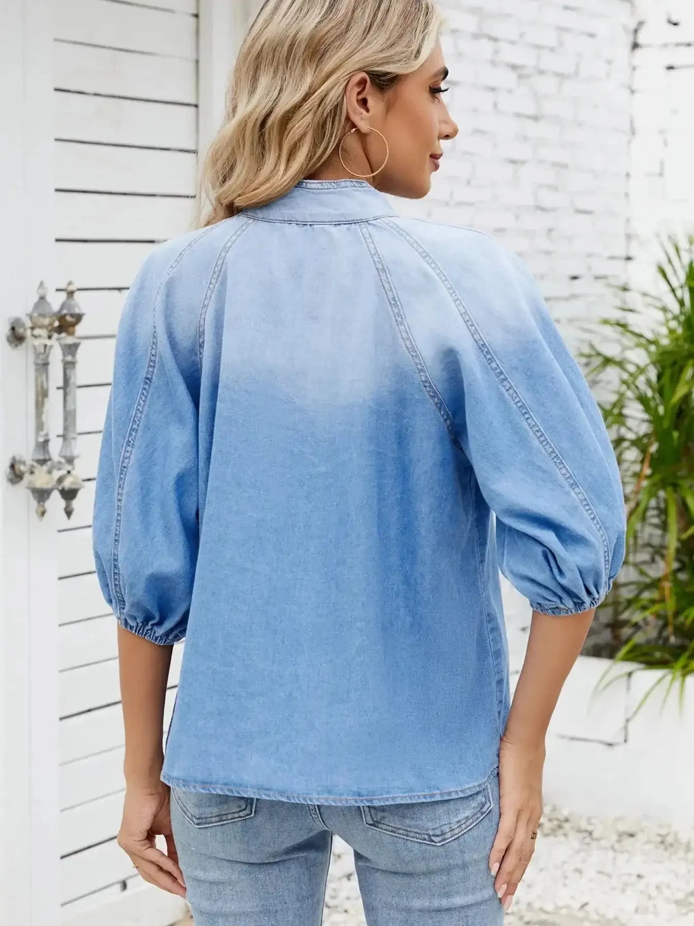 Denim Bow Tie Puff Sleeve Top - VILLA FASHION