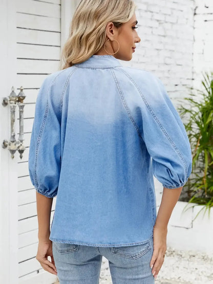 Denim Bow Tie Puff Sleeve Top - VILLA FASHION