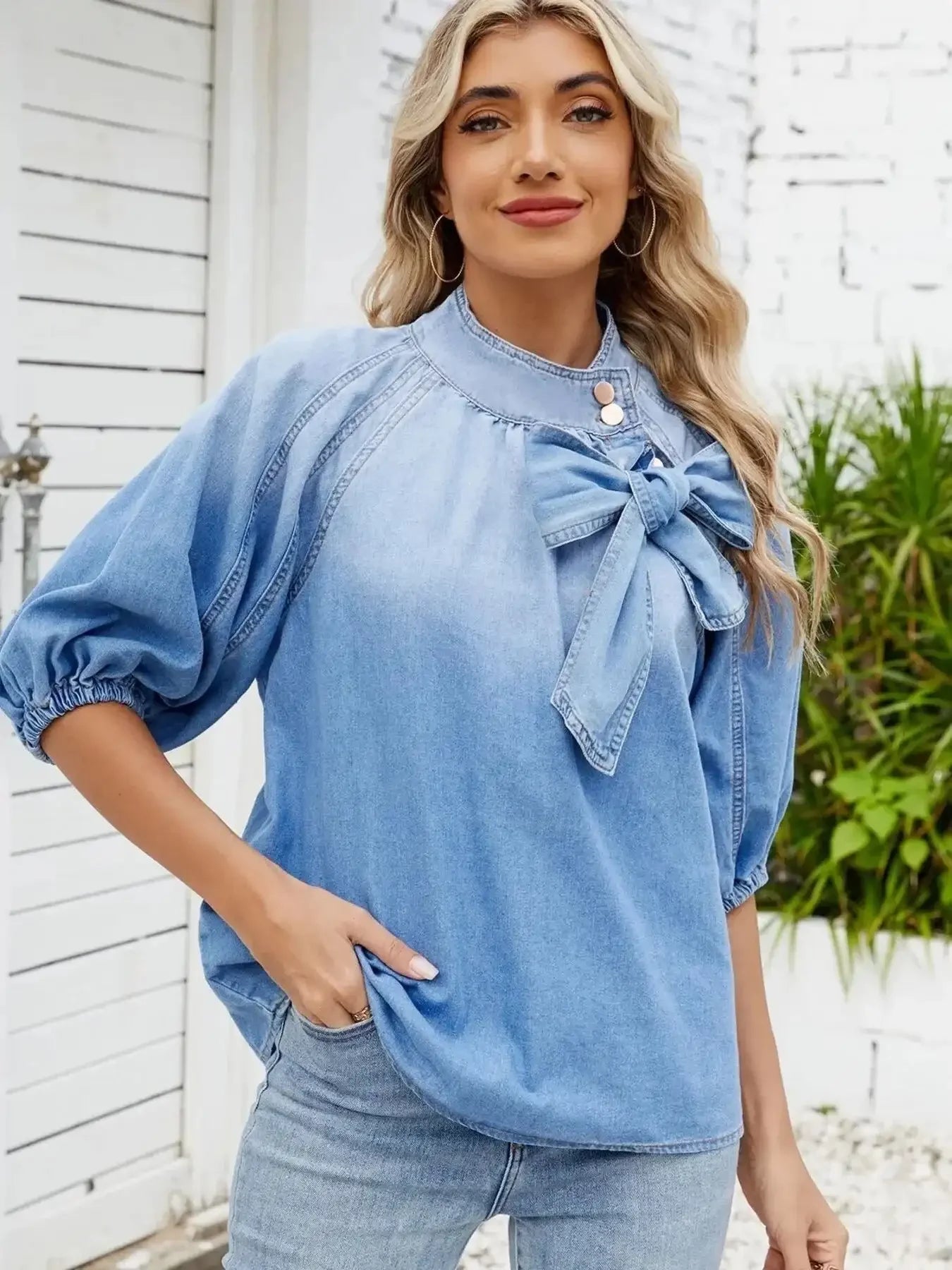 Denim Bow Tie Puff Sleeve Top - VILLA FASHION