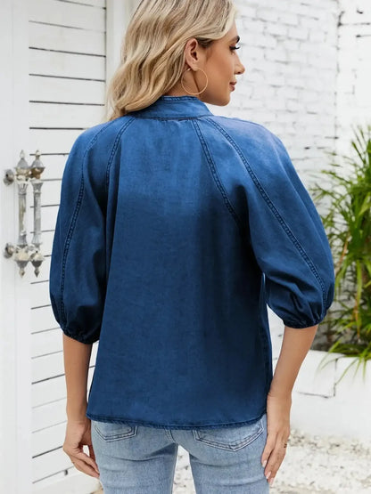 Denim Bow Tie Puff Sleeve Top - VILLA FASHION