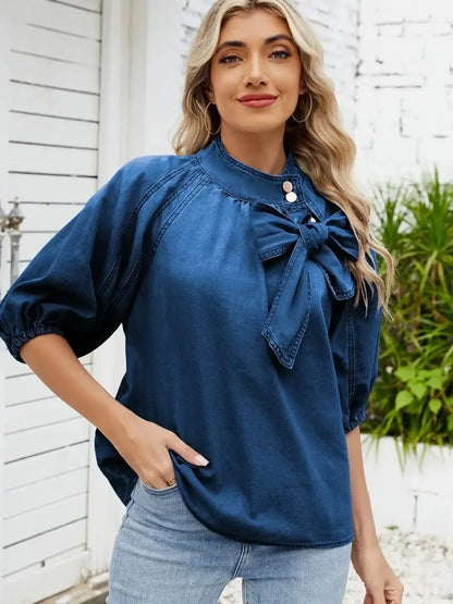 Denim Bow Tie Puff Sleeve Top - VILLA FASHION