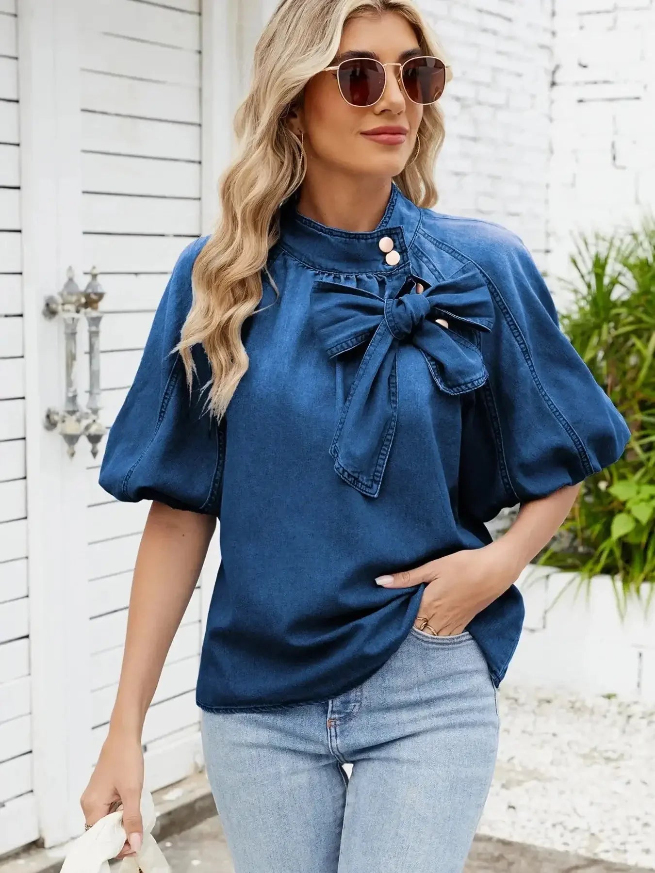 Denim Bow Tie Puff Sleeve Top - VILLA FASHION