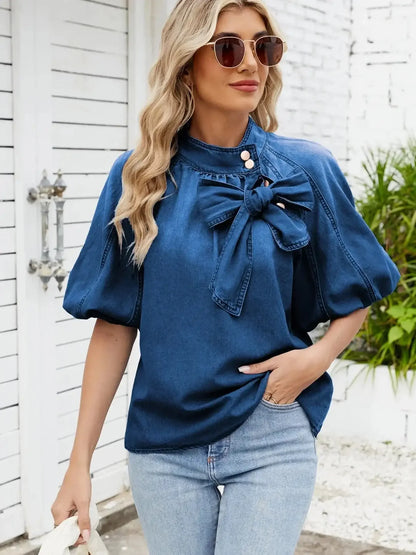Denim Bow Tie Puff Sleeve Top - VILLA FASHION