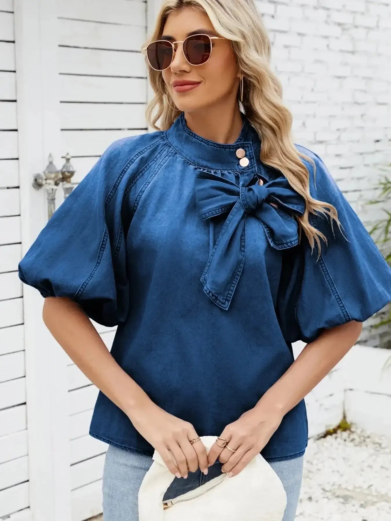 Denim Bow Tie Puff Sleeve Top - VILLA FASHION