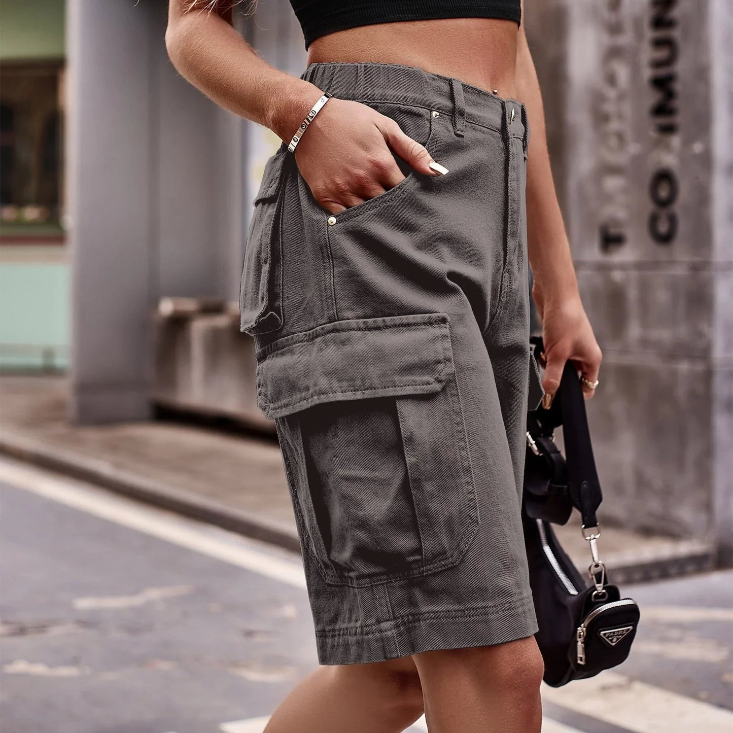 Denim Cargo Shorts with Pockets - VILLA FASHION
