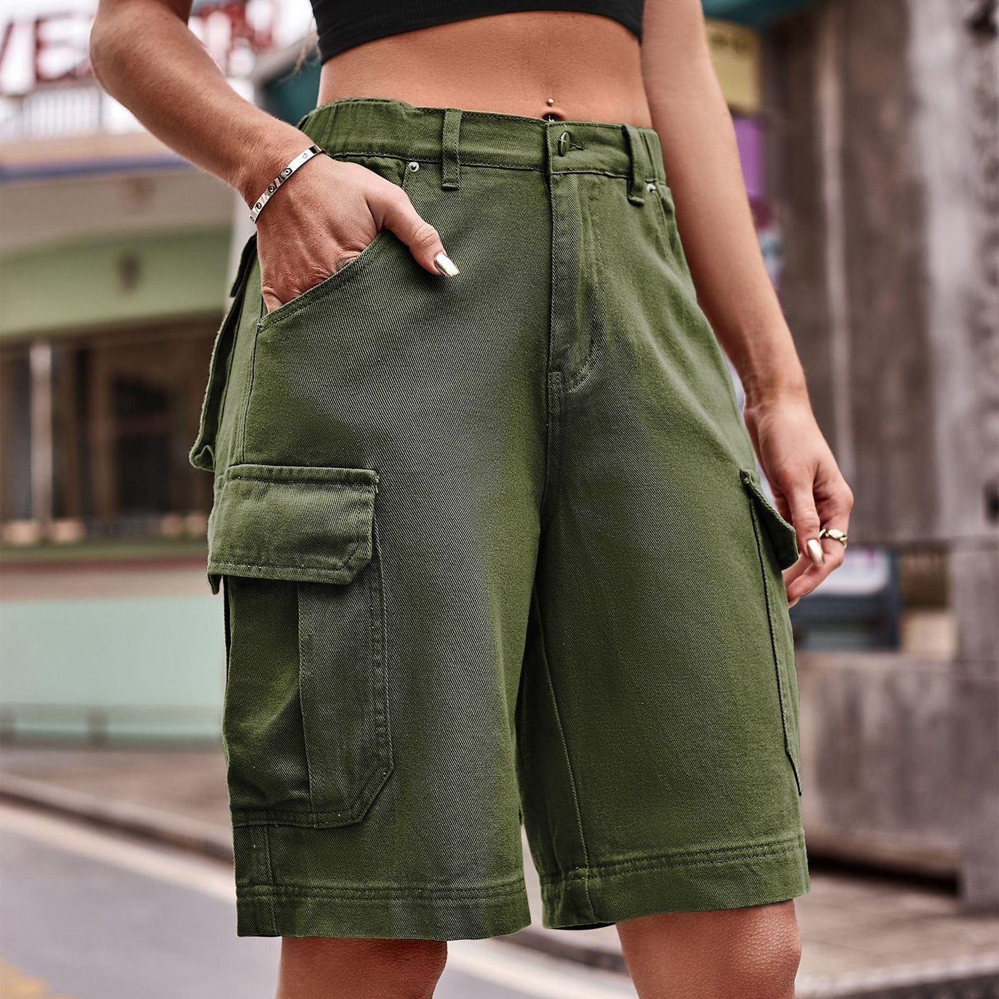 Denim Cargo Shorts with Pockets - VILLA FASHION