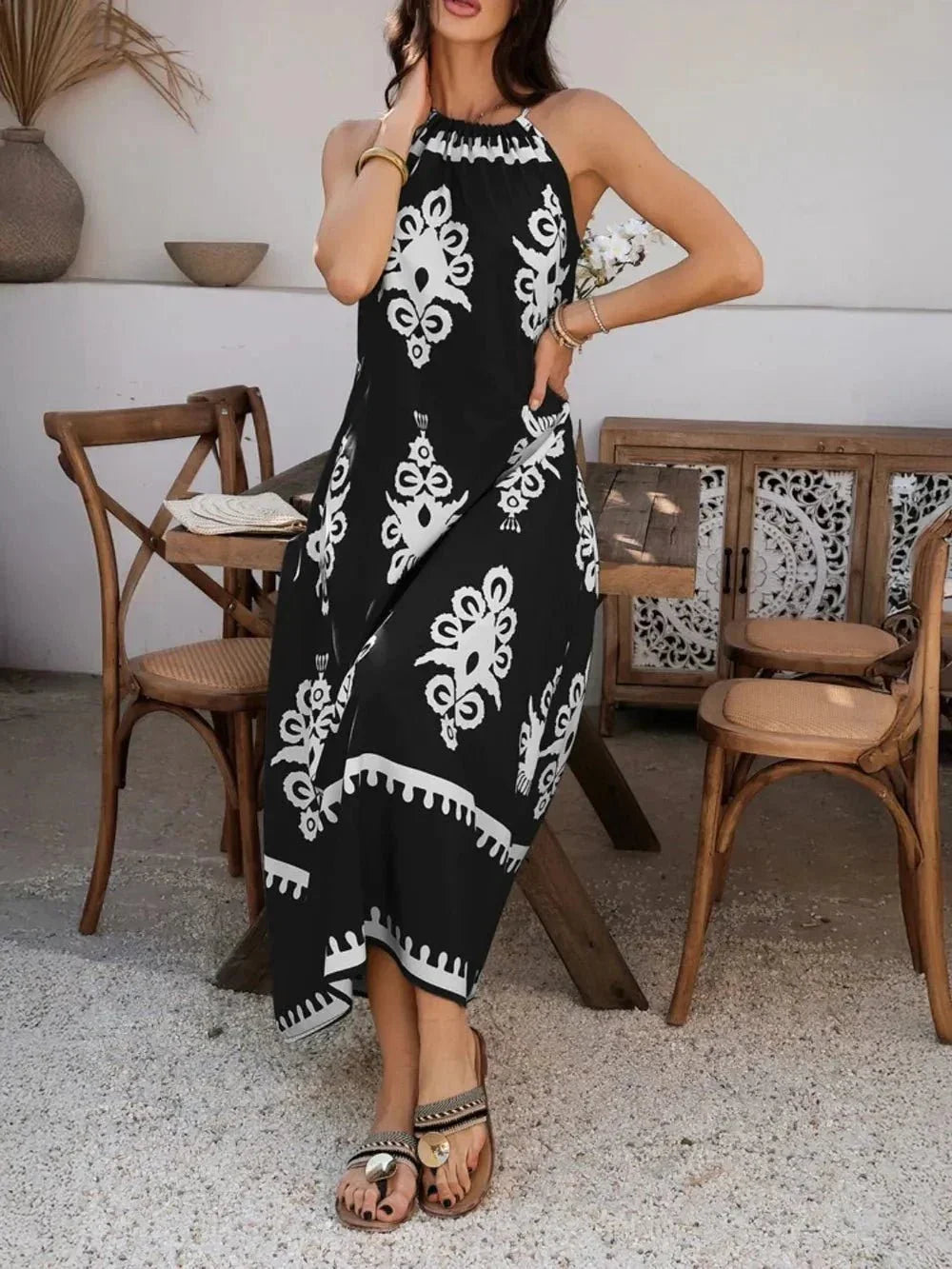 Devine Grecian Neck Printed Maxi Dress - VILLA FASHION