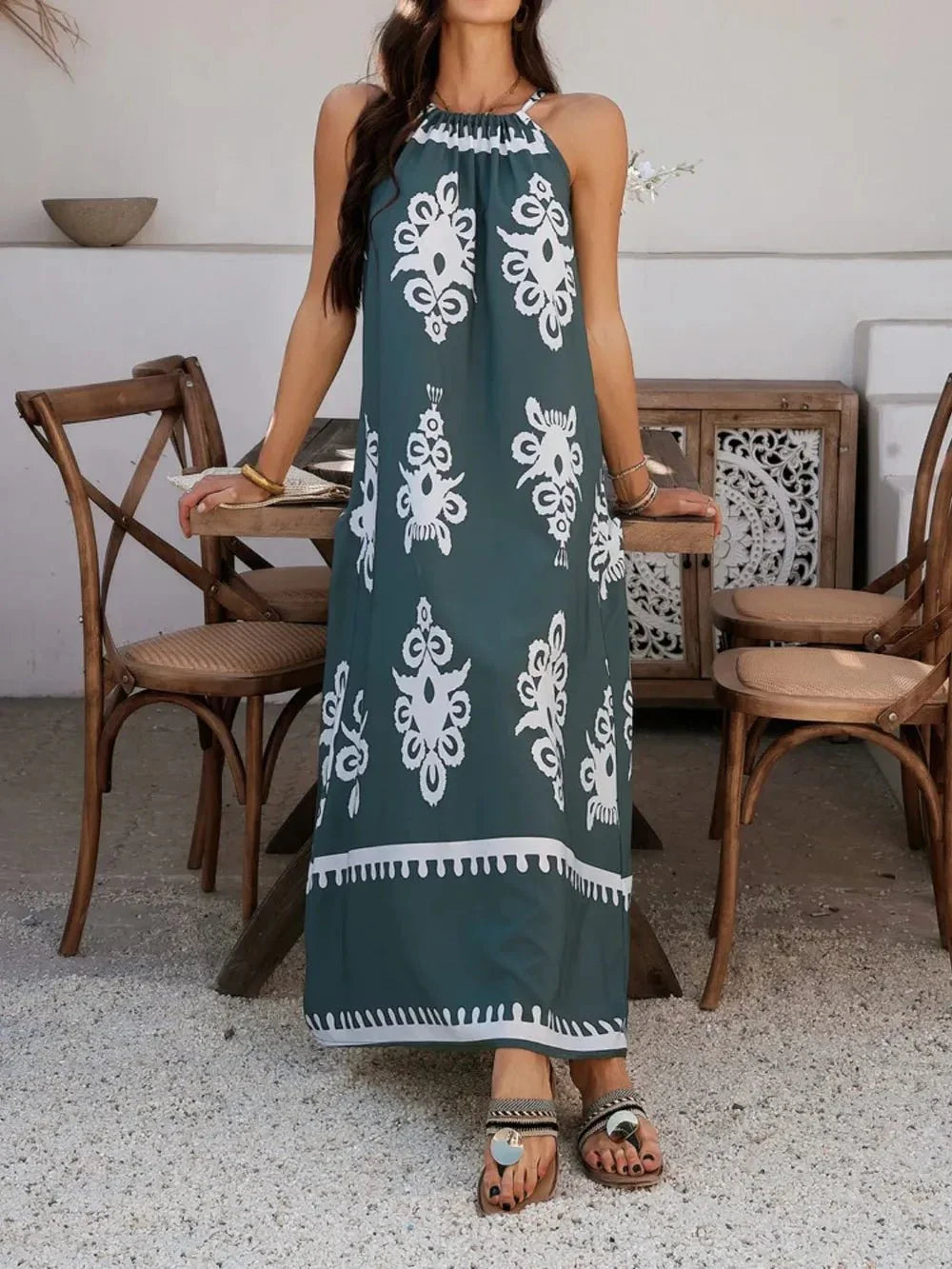 Devine Grecian Neck Printed Maxi Dress - VILLA FASHION