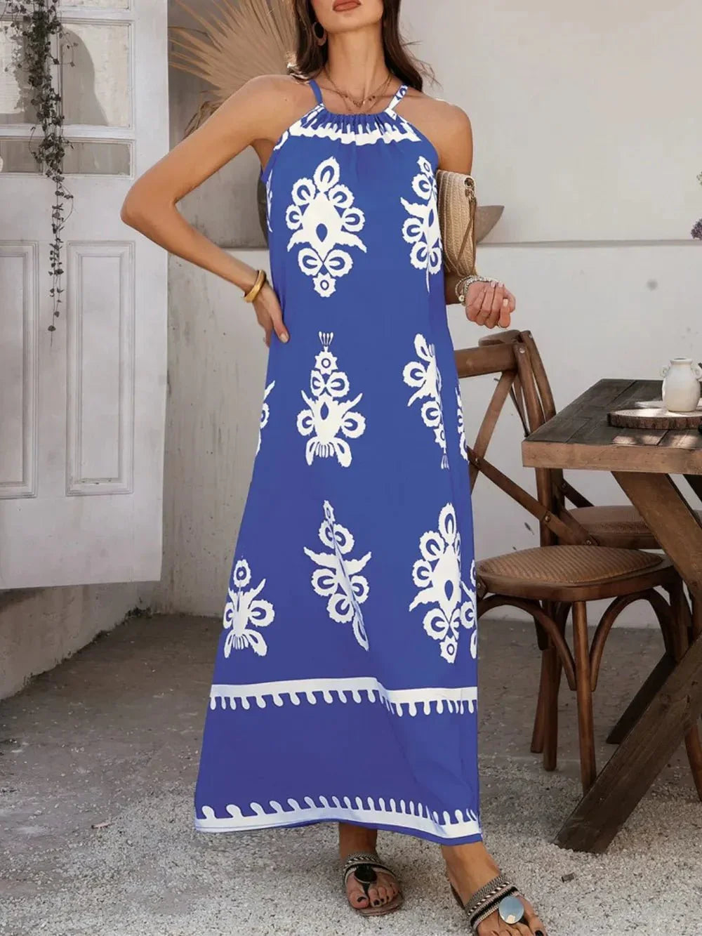 Devine Grecian Neck Printed Maxi Dress - VILLA FASHION
