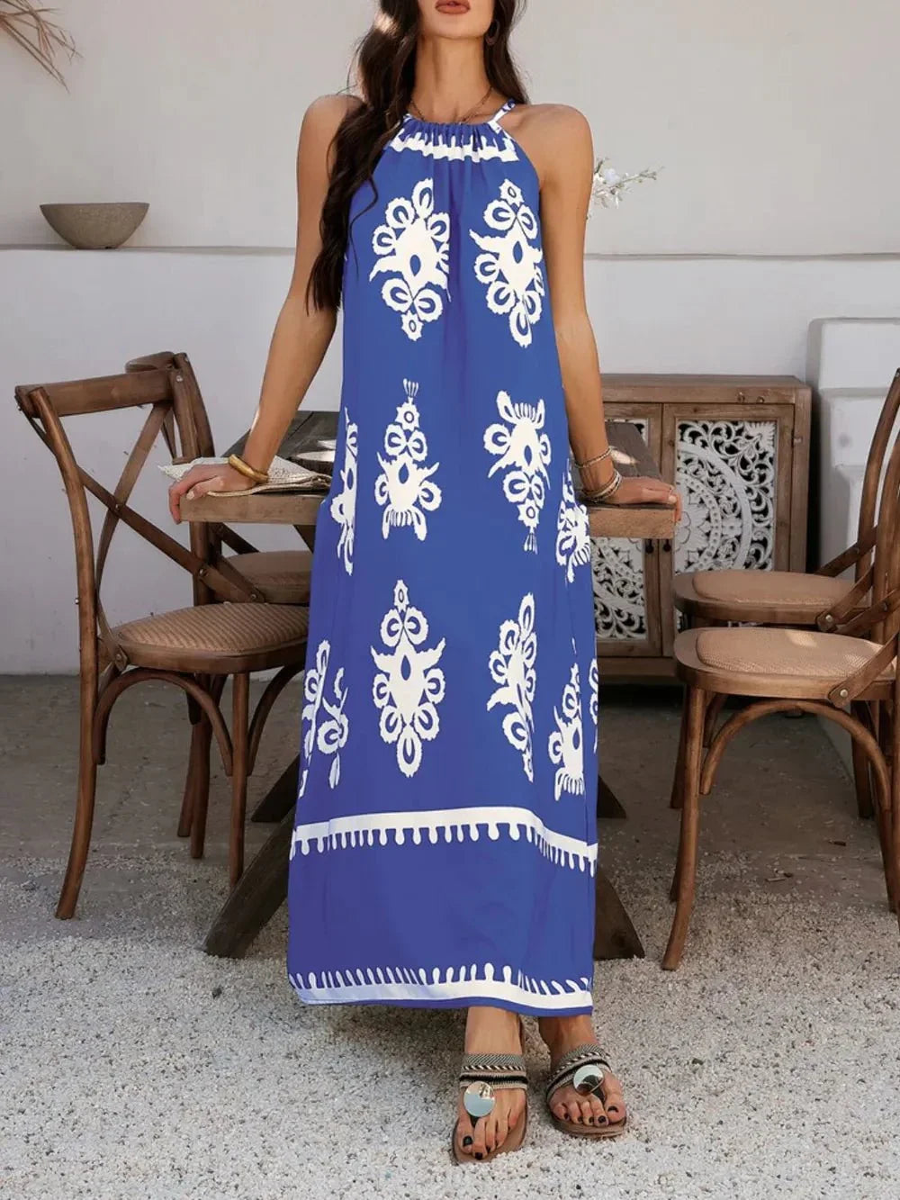 Devine Grecian Neck Printed Maxi Dress - VILLA FASHION
