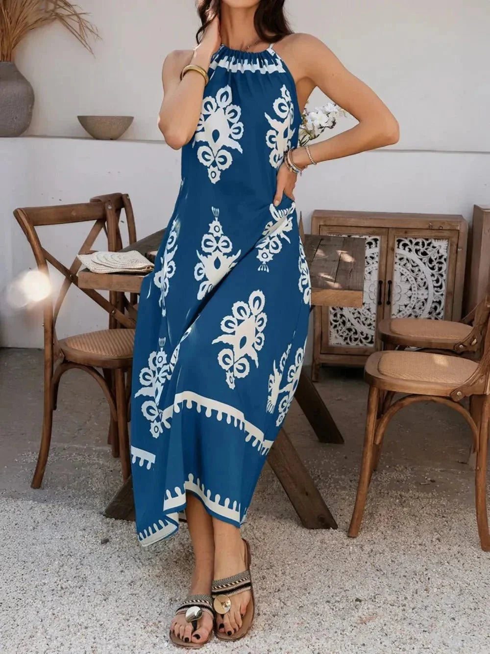 Devine Grecian Neck Printed Maxi Dress - VILLA FASHION