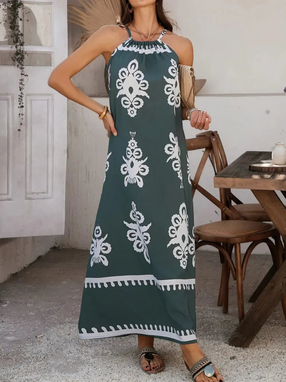 Devine Grecian Neck Printed Maxi Dress - VILLA FASHION