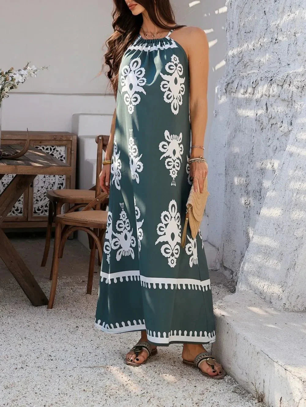 Devine Grecian Neck Printed Maxi Dress - VILLA FASHION