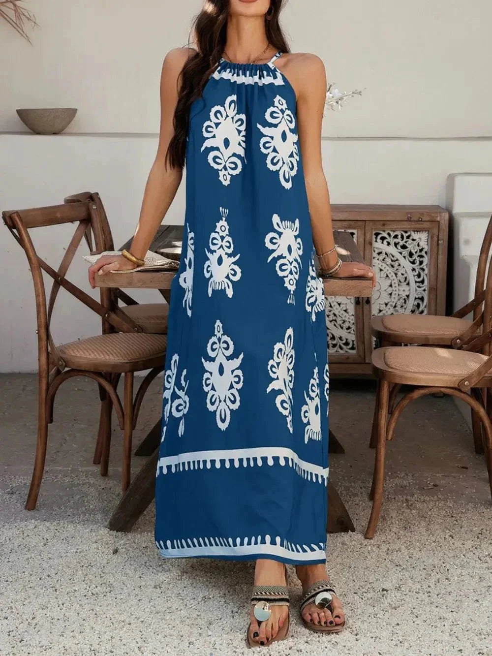 Devine Grecian Neck Printed Maxi Dress - VILLA FASHION