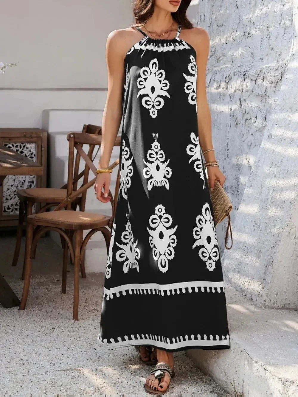Devine Grecian Neck Printed Maxi Dress - VILLA FASHION