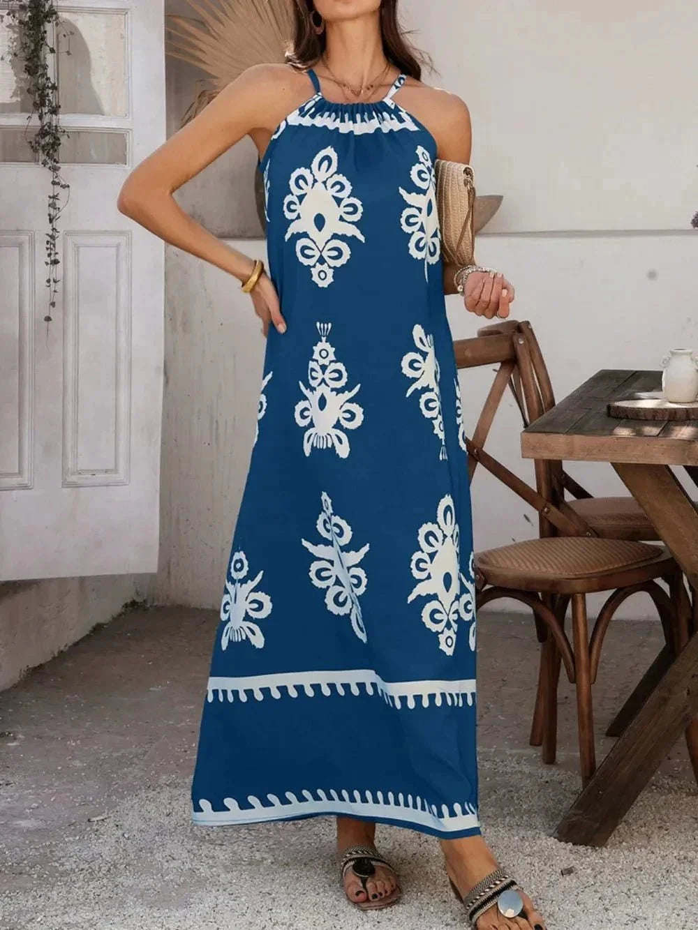 Devine Grecian Neck Printed Maxi Dress - VILLA FASHION