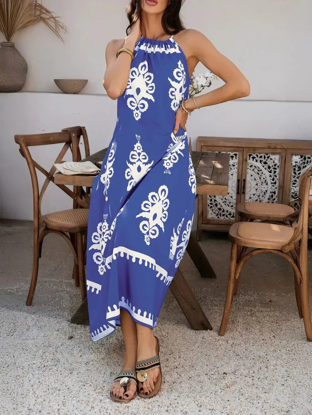 Devine Grecian Neck Printed Maxi Dress - VILLA FASHION