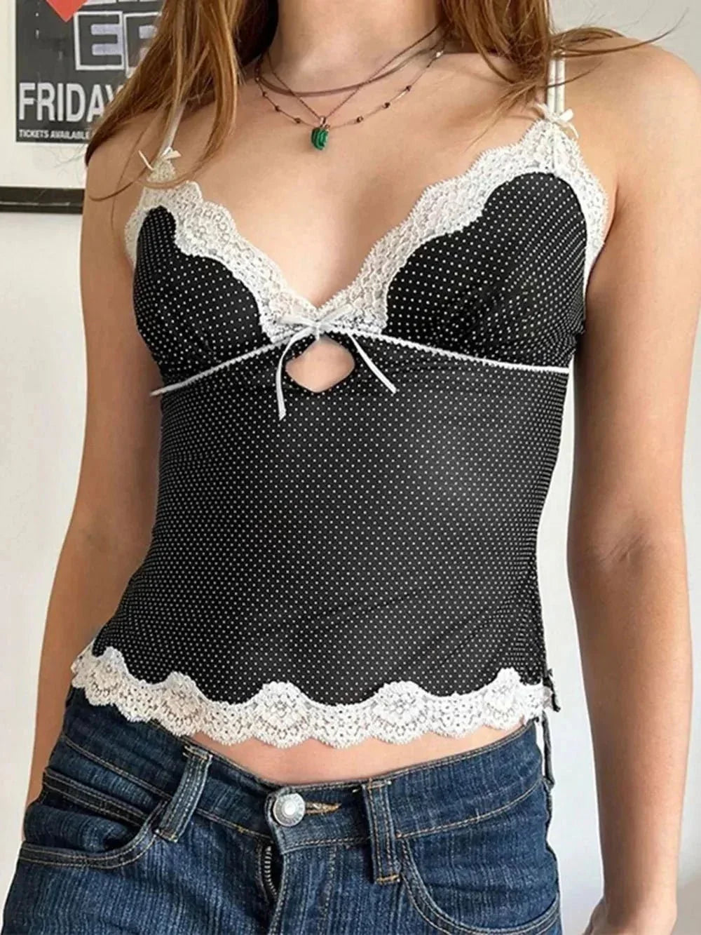 Devine Lace Detail Polka Dot V - Neck Cami - VILLA FASHION