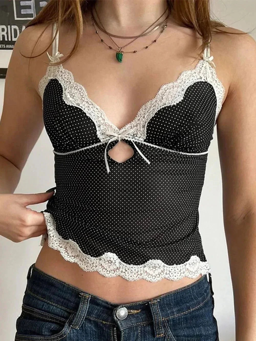 Devine Lace Detail Polka Dot V - Neck Cami - VILLA FASHION