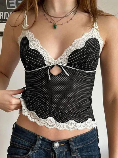 Devine Lace Detail Polka Dot V - Neck Cami - VILLA FASHION