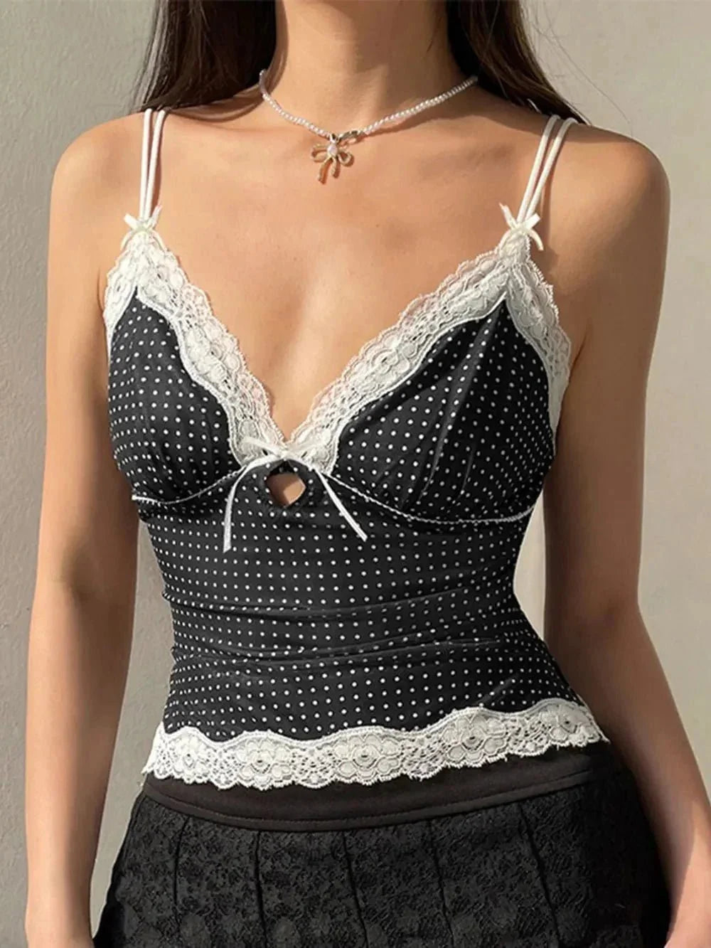 Devine Lace Detail Polka Dot V - Neck Cami - VILLA FASHION