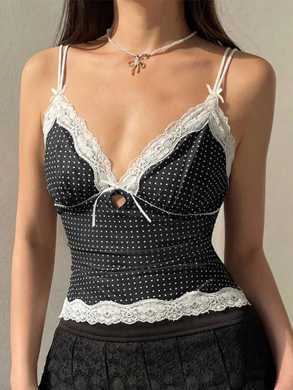 Devine Lace Detail Polka Dot V - Neck Cami - VILLA FASHION