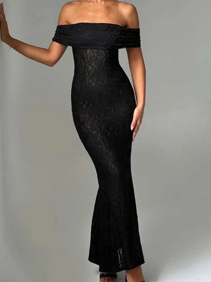 Devine Lace Off - Shoulder Maxi Dress - VILLA FASHION